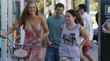 Zara Printed Floral Satin dress in pink worn by Michelle Carter (Elle Fanning) as seen in The Girl From Plainville TV series outfits (Season 1 Episode 2)