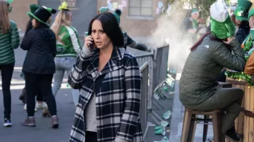 Theory Belted Overlay Plaid Jacket worn by Maddie Kendall (Jennifer Love Hewitt) as seen in 9-1-1 TV series outfits (S05E12)
