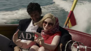 Off the Shoulder Ruffle Hem Rib Sweater Dress in Red  worn by Anna Delvey (Julia Garner) as seen in Inventing Anna wardrobe (Season 1)