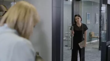 Karen Millen black Petite Sheer Stripe Frill Knitted Top worn by Nina Stern (Annabel Scholey) in The Split (S03E01)