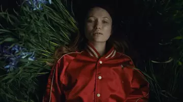Red Satin Varsity Jacket worn by Laura Moon (Emily Browning) as seen in American Gods TV show (S02E02)