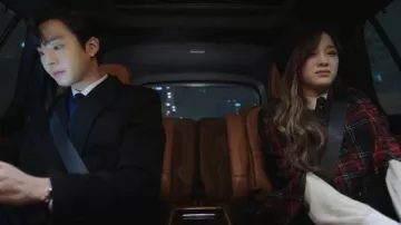 Khinic Tartan Cape Jacket in red worn by Shin Ha Ri (Kim Sejeong) as seen in Business Proposal Outfits (Season 1 Episode 3)