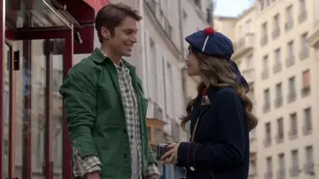 Lemaire Denim Overshirt Clover Green worn by Gabriel (Lucas Bravo) as seen in Emily in Paris TV series wardrobe (Season 1 Episode 10)