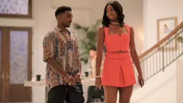 Versace Red Orange Crop Top worn by Hilary Banks (Coco Jones) as seen in Bel-Air TV show wardrobe (Season 1 Episode 7)