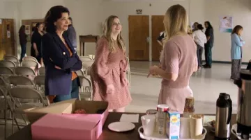 Scotch & Soda Smocked seersucker midi dress worn by Jenny (Jessie Ennis) as seen in The Flight Attendant TV show wardrobe (Season 2 Episode 1)