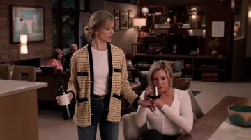 Maje Visidore cotton-blend tweed jacket worn by Mallory Hanson (Brooklyn Decker) as seen in Grace and Frankie TV series outfits (Season 7 Episode 5)