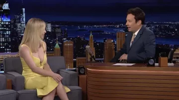 Mugler Plunging fitted slit dress in yellow worn by Sydney Sweeney as seen in The Tonight Show Starring Jimmy Fallon