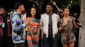 Zara Geometric Bomber Jacket worn by Cam Watkins (Mitchell Edwards) as seen in All American: Homecoming TV show (S01E12)