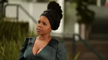 Maje Satin Dress with Ruffles in green worn by Amara Patterson (Kelly Jenrette) as seen in All American: Homecoming (S01E12)