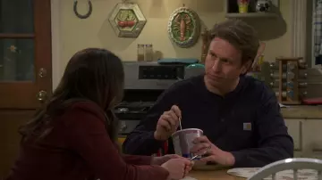 Carhartt Henley Long Sleeve Work Shirt in Navy blue worn by Tom (Pete Holmes) as seen in How We Roll (Season 1 Episode 11)