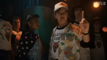 Mosaic Multicolor Shirt worn by Dustin Henderson (Gaten Matarazzo) in Stranger Things TV series wardrobe from Season 4 Episode 1