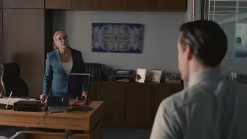 Hugo Boss Blazer in blue jade worn by Gerri Kellman (J. Smith-Cameron) as seen in Succession TV show wardrobe (Season 3 Episode 4)