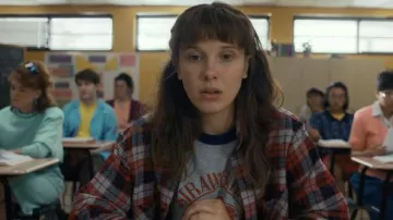 Big Mac Red & Blue Plaid Flannel Button-Down Long Sleeve shirt worn by Eleven (Millie Bobby Brown) as seen in Stranger Things wardrobe (Season 4 Episode 1)