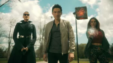 Grey Zip Bomber Jacket worn by Ben Hargreeves (Justin H. Min) as seen in The Umbrella Academy TV series outfits (Season 3)