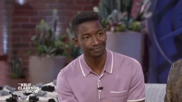 Tie Bar Tipped Cotton Sweater Lavender Polo Shirt in lilac worn by Mamoudou Athie as seen in The Kelly Clarkson Show