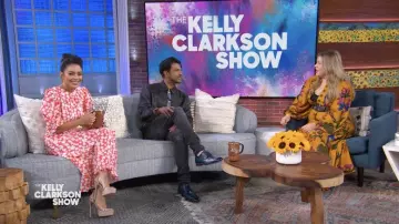 Miu Miu Red floral printed long skirt and crop top worn by Vanessa Hudgens as seen in The Kelly Clarkson Show on June 10, 2022