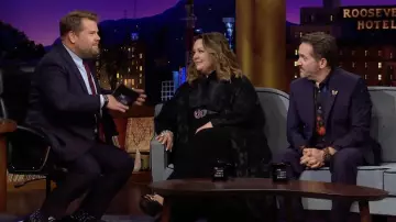 Gucci GG crystal leather belt worn by Melissa McCarthy as seen in The Late Late Show with James Corden on June 13, 2022