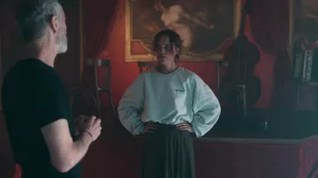 Iets frans… Crop Sweater in grey worn by Mira (Alicia Vikander) as seen in Irma Vep TV series wardrobe (Season 1 Episode 2)