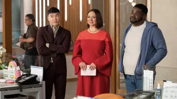 Roksanda Red two tone midi dress worn by Molly (Maya Rudolph) as seen in Loot TV series wardrobe (Season 1 Episode 1)