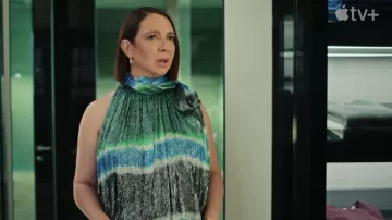 Halston Elizabeth Metallic Striped Gown worn by Molly (Maya Rudolph) as seen in Loot TV show (Season 1 Episode 1)