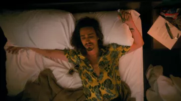 Topman leaf print shirt in yellow worn by Klaus Hargreeves (Robert Sheehan) as seen in The Umbrella Academy TV show wardrobe (Season 3 Episode 4)