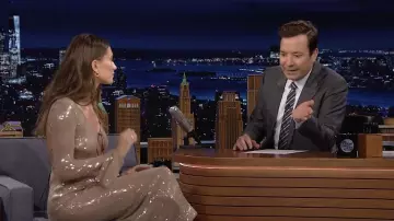 16 Arlington Sequined midi dress worn by Hailey Baldwin in The Tonight Show Starring Jimmy Fallon on June 15, 2022