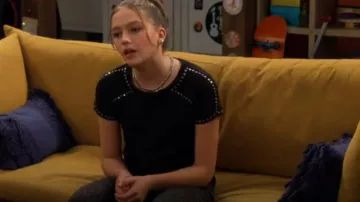 Maje Tity Stud-De­tail Cot­ton T-Shirt worn by Presley (Jayden Bartels) as seen in Side Hustle (S02E03)