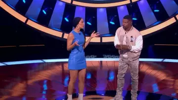 Alice + Olivia Coley Vegan Leather Dress in blue worn by Corinne Foxx as seen in Beat Shazam TV show Season 5 Episode 3