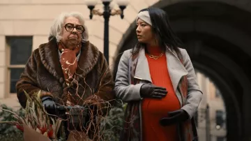 Rose Wool Wrap Coat worn by Nina Lin (Christine Ko) as seen in Only Murders in the Building (S02E03)