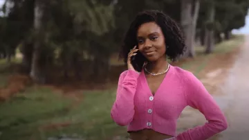 Helmut Lang Fuzzy Cardigan worn by Zenzi Fullington (Ashleigh Murray) as seen in Tom Swift (S01E04)