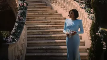 Alex Perry Kirah Twist Strong Shoulder Trumpet Gown worn by Lorraine Swift (April Parker Jones) as seen in Tom Swift (S01E05)