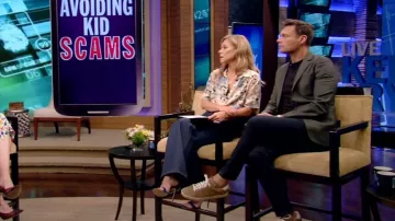 Paco Rabanne Leather Patch High Rise Flared Jeans worn by Kelly Ripa as seen in LIVE with Kelly and Ryan on 14 July 2022