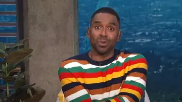 The Kooples Striped Crewneck Sweater worn by Justin Sylvester as seen in E! News Dily Pop on 01 July 2022