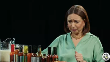 Vince Notch-Collar Silk Blouse in green worn by Molly Novak (Maya Rudolph) as seen in Loot TV show wardrobe (Season 1 Episode 3)