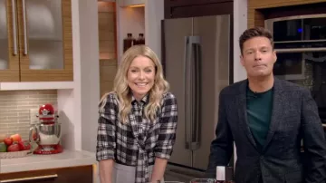 Saint Laurent Plaid Neck-Tie Silk Blouse worn by Kelly Ripa as seen in LIVE with Kelly and Ryan on 19 July 2022
