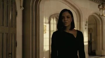 Roland Mouret Abbaye Asymmetric Ruffle Peplum Wool Sheath worn by Charlotte Hale (Tessa Thompson) as seen in Westworld TV show (Season 4 Episode 2)
