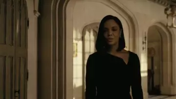 Roland Mouret Abbaye Asymmetric Ruffle Peplum Wool Sheath worn by Charlotte Hale (Tessa Thompson) as seen in Westworld TV show (Season 4 Episode 2)