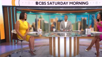 Donna Morgan Sheath Dress In Mimosa Yellow worn by Dana Jacobson as seen in CBS Mornings on 17 July 2022
