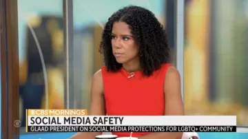 Calvin Klein Sleeveless Cross Sheath with Center Front Keyhole in red worn by Nikole Killion in CBS Mornings on July 13, 2022