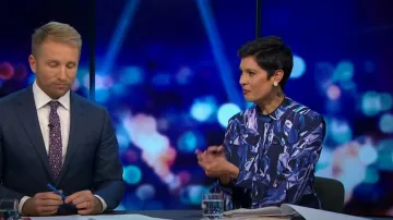 Karen Millen Midnight Chaos Balloon Sleeve Midi worn by Narelda Jacobs as seen in The Project on 17 July 2022