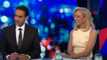 Mossman Splen­dour Tuck Mi­di Dress worn by Carrie Bickmore as seen in The Project 13 July 2022