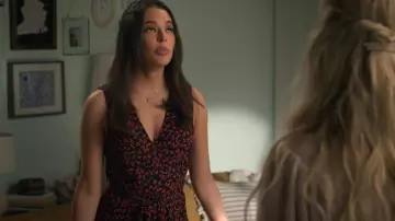 Ganni Floral Logo Print High/Low Wrap Dress worn by Jessie (Chloe Bridges) as seen in Maggie (S01E13)
