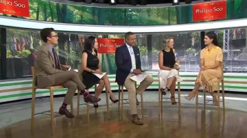 Derek Lam 10 Crosby Emerie Open-Knit Fringe Midi Skirt worn by Phillipa Soo as seen in Today on 22 July 2022