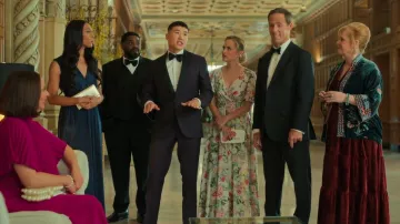 Mac Duggal Ruffled Floral Chiffon Gown worn by Ainsley (Stephanie Styles) as seen in Loot (S01E06)