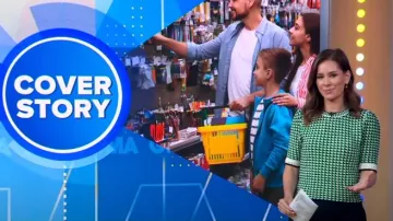 Maje Moxanne Geometric Intarsia Sweater in green worn by Rebecca Jarvis as seen in Good Morning America on July 25, 2022