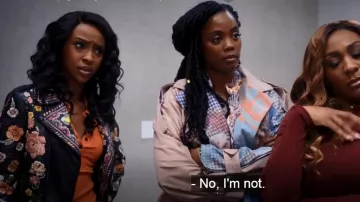 Alice + Olivia Cody Embroidered Leather Moto Jacket worn by Karen Mott (Ebony Obsidian) as seen in Tyler Perry's Sistas (S04E07)