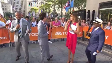 Adrianna Papell Ruffle Front Crepe High/Low Dress worn by Hoda Kotb as seen in Today on 03  August 2022