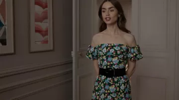 Maje Rapy Floral Off-The-Shoulder Dress worn by Emily Cooper (Lily Collins) as seen in Emily in Paris (S01E03)