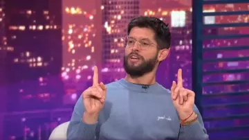 Maison Labiche "Good Vibe" Grand Cerf Sweater worn by Hunter March as seen in E! News Nightly Pop on 05 August 2022