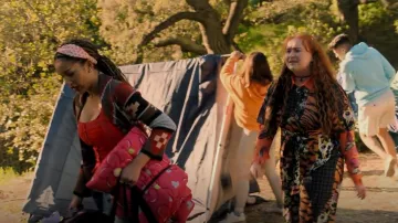 ASOS Design Ruched Detail Belted Jumpsuit in Bright Mixed Print worn by Ashlyn (Julia Lester) as seen in High School Musical: The Musical: The Series (S03E03)